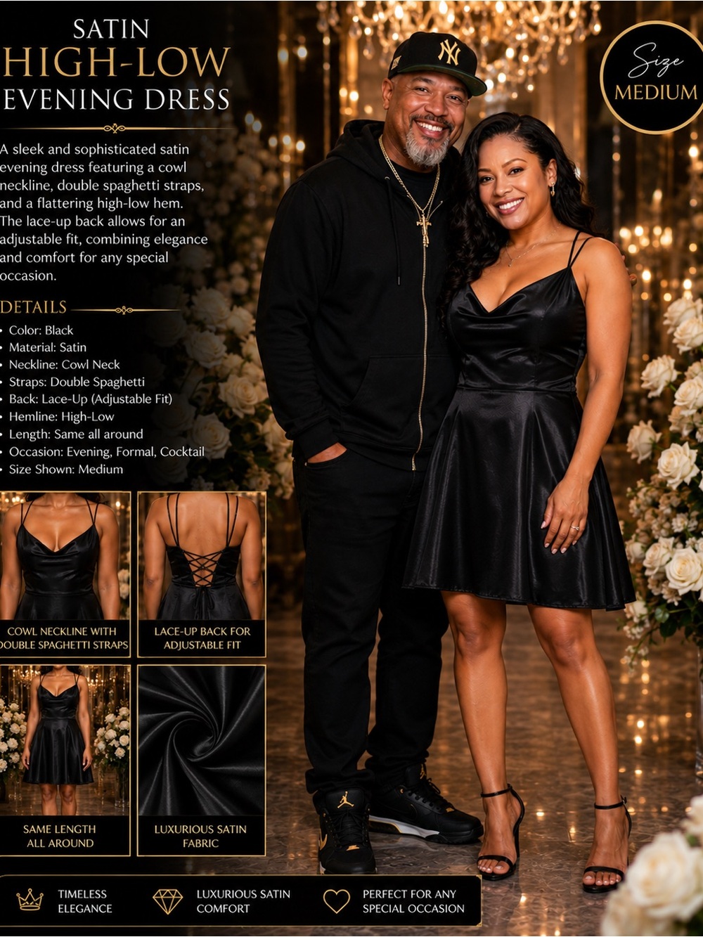 Satin Cowl Neck High-Low Evening Dress in Black 29 years old, vintage